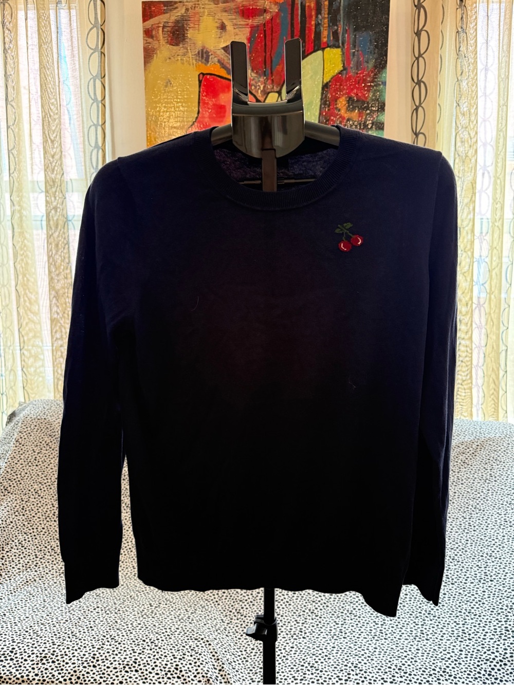 Banana Republic Black Crewneck Sweater with Cherry Embroidery